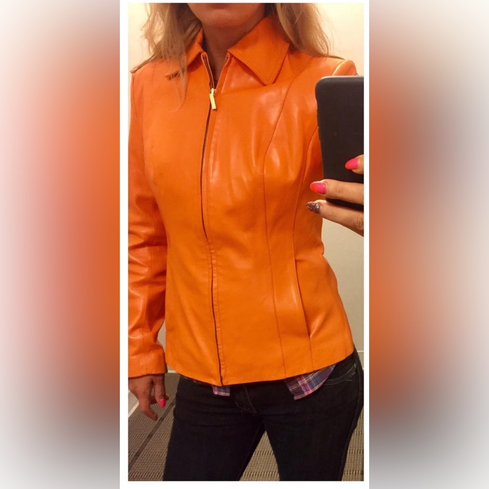 Ladies leather jacket , beautiful orange vibrant colour!